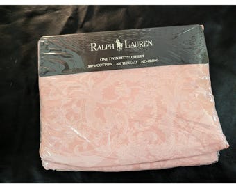 Ralph Lauren Twin Fitted Sheet Pink Damask Paisley 100% Cotton 200 TC Vintage