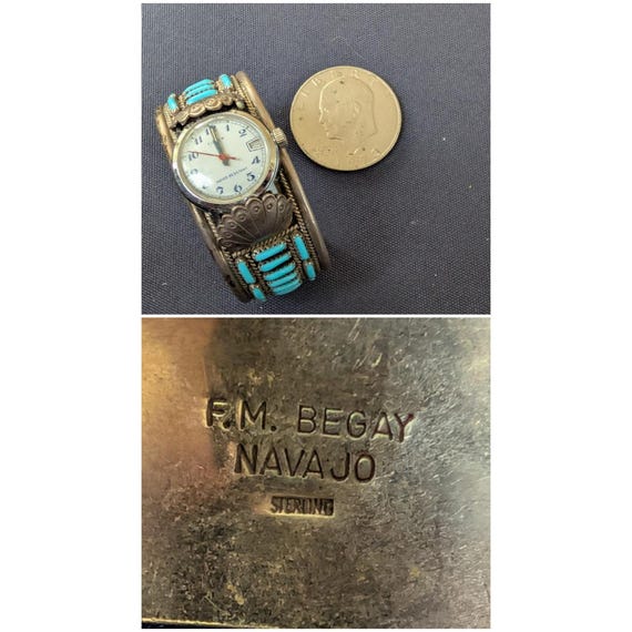 F M Begay Navajo Sterling Silver Turquoise Needlepoint Timex Cuff Watch Vintage