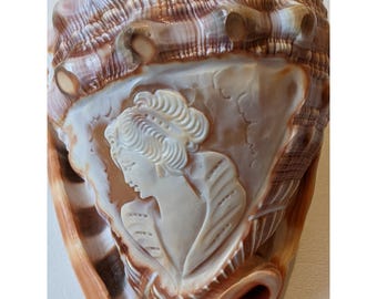 Cameo Victorian Lady Hand Carved Conch Shell Italy Vintage 5.5 Inches