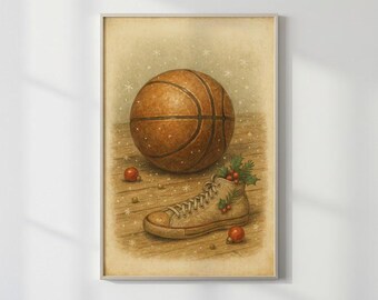 Christmas Basketball Art Print, Vintage Sneaker Holiday Gift for Basketball Lovers, Boys Festive Sports Decor, Basketball Fan Gift - BK-07