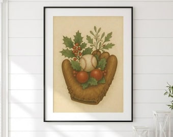 Vintage Christmas Baseball Glove Wall Art Print With Ornaments, Holly Leaves, Festive Sports Decor, Holiday Gift For Baseball Fans - BS-04