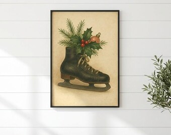 Vintage Christmas Ice Hockey Print with Holly Berries Pine Branches and Ornament, Black Skate Boot, Winter Holiday Wall Art Decor - IC-04