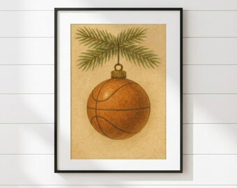 Basketball Ornament Christmas Wall Art Printable, Holiday Sports Decor, Digital Download, Festive Basketball Tree Decoration Poster - BK-03
