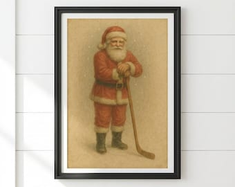 Santa Playing Ice Hockey, Vintage Santa Claus Christmas Ice Hockey Print, Snowy Scene Winter Sports Holiday Wall Art - IC-05