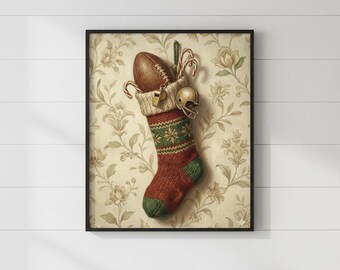 NFL Christmas Stocking Wall Art Print, Football Holiday Decor with Candy Canes and Helmet, Digital Download Gift for Sports Fans - C-0008