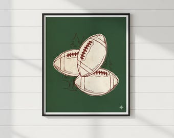 Minimalist NFL Christmas Football Art Print, Vintage Holiday Wall Decor with Pine Trees, Digital Download Gift for Football Fans - C-0010