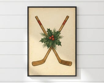 Christmas Ice Hockey Sticks Art Print, Digital Download, Festive Holiday Wall Decor for Hockey Lovers Boys Room or Sports Fans Gift - IC-03