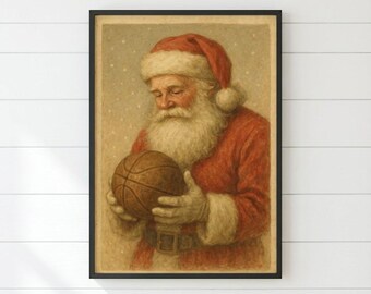 Vintage Santa Claus Basketball Art Print, Christmas Holiday Wall Decor, Digital Download, Sports Lover Christmas Poster Printable - BK-02
