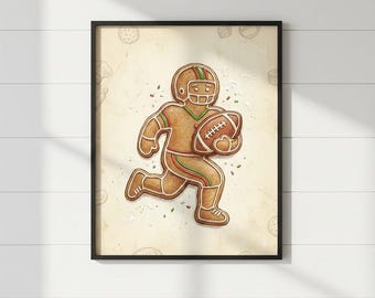 Gingerbread Football Player Christmas Print, NFL Holiday Art Digital Download, Festive Wall Decor Gift for Football Lovers - C-0009