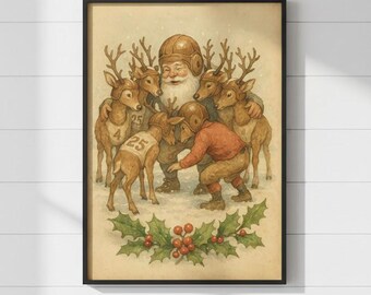 Santa Football Huddle Christmas Print, Vintage NFL Holiday Wall Art with Reindeer Team, Digital Download, NFL Fan Gift - C-0006