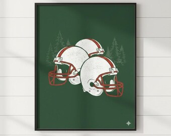 NFL Christmas Football Helmet Wall Art Print, Minimalist Holiday Sports Decor with Green Background, Digital Download - C-0011