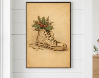 Vintage Basketball Shoe Christmas Art Print, Holiday Sneaker Decor with Holly and Pine, Sports Lover Gift Poster - BK-05