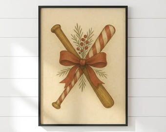 Vintage Christmas Baseball Wall Art Print With Candy Cane Bat, Rustic Holiday Sports Decor, Baseball Fan Gift, Winter Home Decor - BS-03