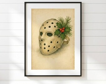 Vintage Christmas Ice Hockey Goalie Mask Print with Holly and Pine, Winter Holiday Sports Wall Art, Rustic Festive Goalie Gift Decor - IC-06