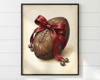 Vintage Christmas Football Wall Art Print, NFL Holiday Decor with Red Bow and Bells, Rustic Football Digital Download Gift for Fans - C-0001