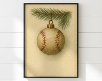Vintage Christmas Baseball Ornament Wall Art Print Hanging On Pine Branch, Festive Sports Holiday Decor, Gift For Baseball Fans - BS-05