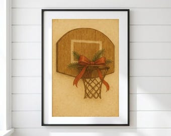 Rustic Christmas Basketball Hoop Wall Art Print, Festive Sports Holiday Decor with Red Bow and Pine Greenery, Basketball Fan Gift - BK-04