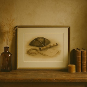 May include: A framed sepia-toned print of nautical items, including a tricorn hat, spyglass, coiled rope, and a document. The print is displayed on a wooden surface with a candle, books, and a vase with dried grass.