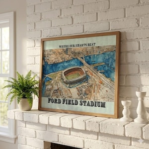 Ford Field Stadium Art Print, Detroit Lions Wall Art, NFL Stadium Aerial Illustration, Football Fan Gift, Detroit Sports Poster - NFL-0020