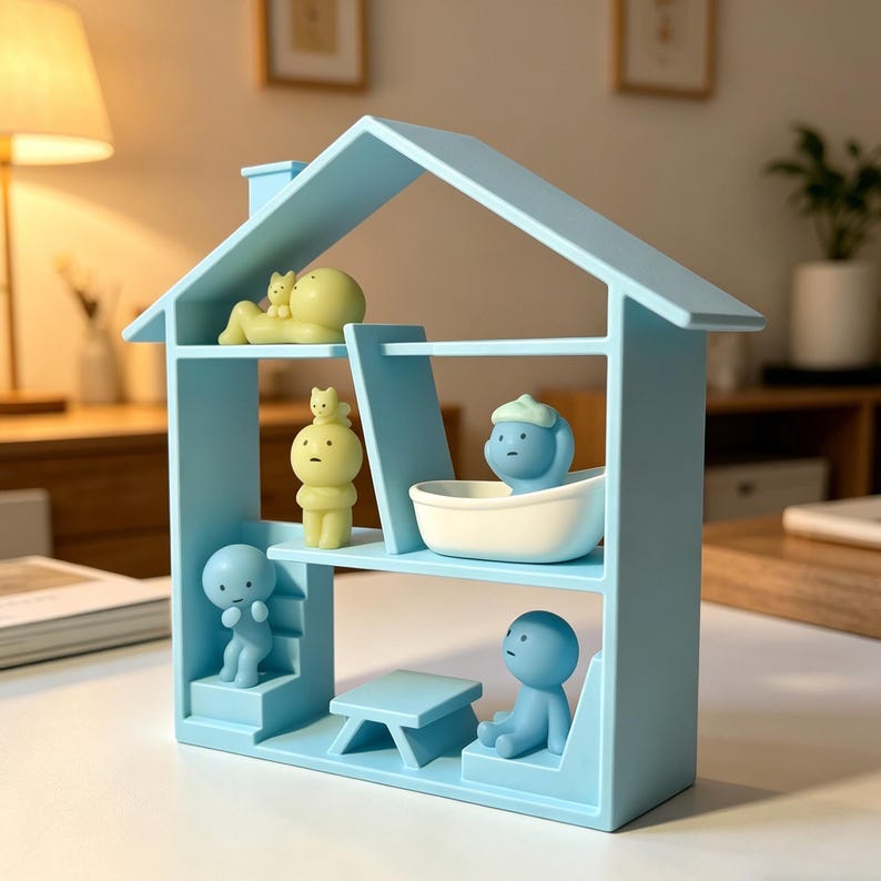 May include: A light blue, house-shaped shelf unit with multiple levels. It features small, stylized figurines in various poses, including a figure in a bathtub and another sitting at a miniature table. The figurines are in shades of yellow and blue.