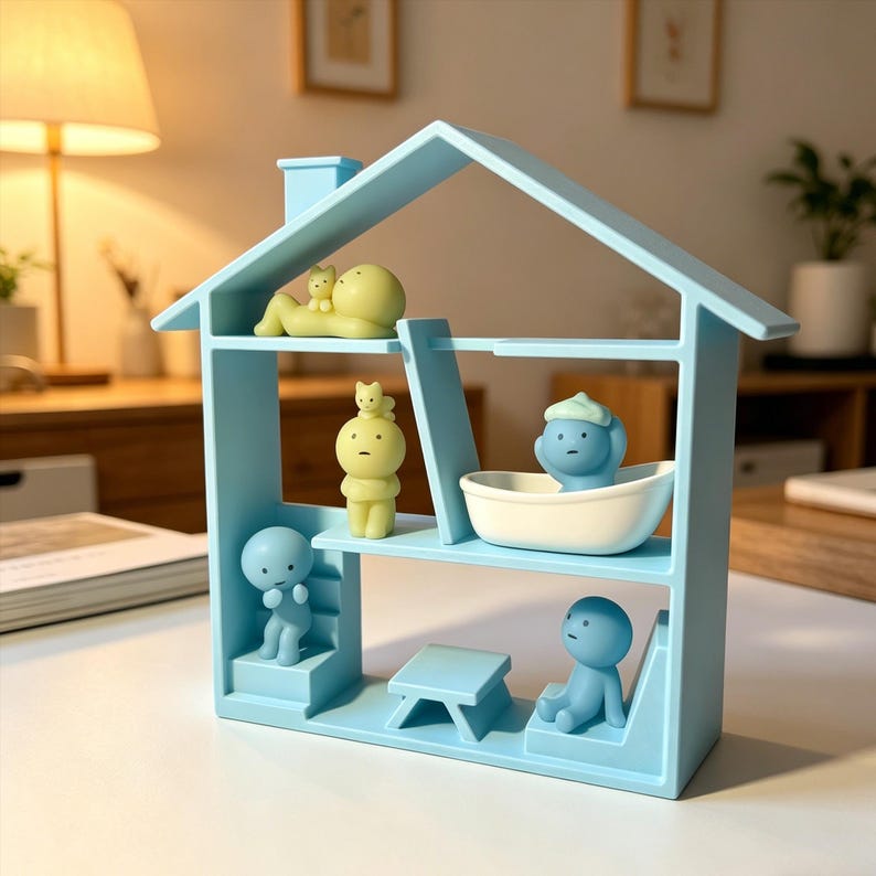 May include: A light blue house-shaped shelf with multiple levels, housing small figurines. The figurines are in various poses, including reclining and sitting. The shelf has a chimney and a table. The figurines are in shades of yellow and blue.