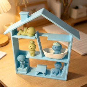 May include: A light blue miniature house-shaped shelf unit with multiple levels, each containing small figurines. The figurines are in various poses, including reclining, standing, and seated. The house has a chimney and a pitched roof. The figurines are in shades of blue and yellow.