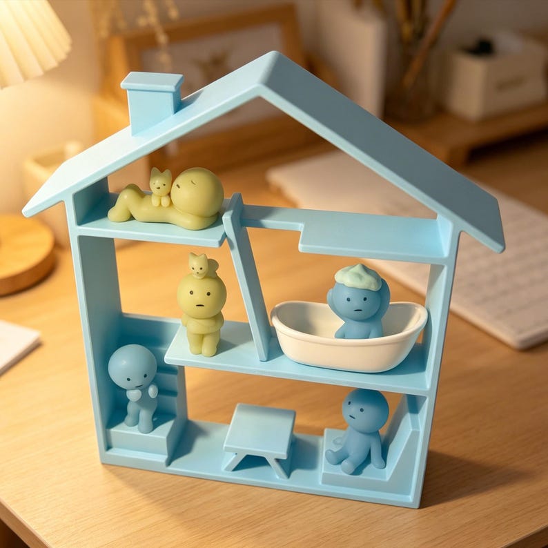 May include: A light blue miniature house-shaped shelf unit with multiple levels, each containing small figurines. The figurines are in various poses, including reclining, standing, and seated. The house has a chimney and a pitched roof. The figurines are in shades of blue and yellow.