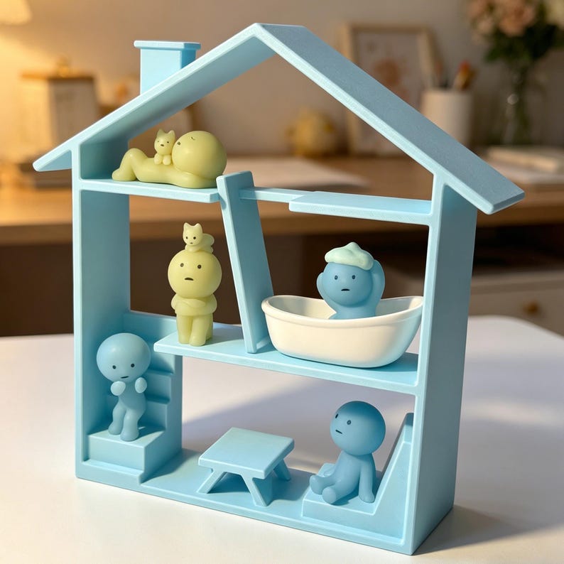 May include: A light blue dollhouse-shaped shelf unit with multiple levels. It features small, stylized figurines in various poses, including a figure in a bathtub and another sitting at a table. The figurines are in shades of yellow and blue.