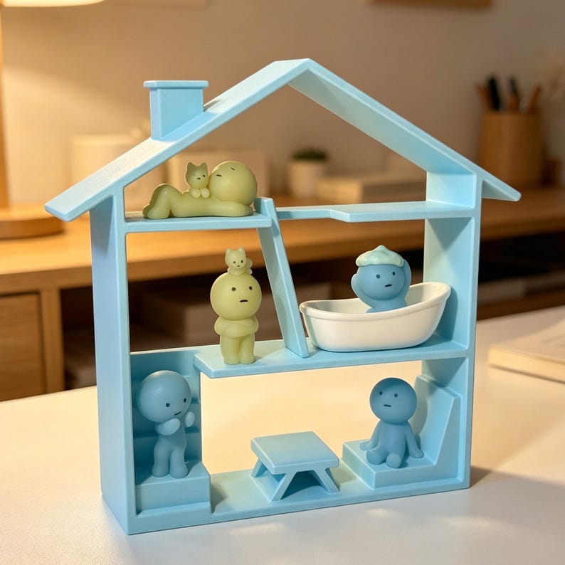 May include: A light blue decorative house-shaped shelf unit with multiple levels, each featuring small, stylized figurines. The figurines are in various poses, including reclining, standing, and seated. The unit has a chimney and a small table.