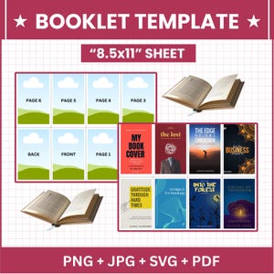 May include: A booklet template on an 8.5x11 inch sheet featuring a grid layout for pages, a front cover, and a back cover. The design includes placeholders with cloud and hill graphics, alongside examples of various book covers and open books.