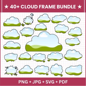 Puede incluir: Una colección de más de 40 diseños de marcos de nubes en varias formas y tamaños. Cada nube presenta un cielo azul y una base de hierba verde. La imagen incluye el texto "40+ CLOUD FRAME BUNDLE" y opciones de archivo: PNG, JPG, SVG y PDF.