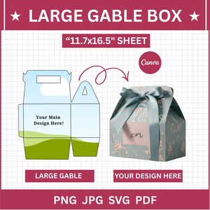 Puede incluir: Una plantilla de caja tipo gablete en una hoja de 29,7x42 cm, con un diseño plano con el texto 'Your Main Design Here!' y una caja ensamblada de color azul claro con un patrón floral, una etiqueta rosa y un lazo azul en la parte superior.
