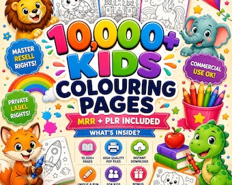 10,000+ Coloring Pages Bundle, Kids & Adults Coloring Books, Printable KDP Etsy Activities, PLR MRR Commercial Use, Digital Download
