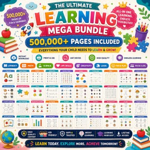 May include: The Ultimate Learning Mega Bundle digital product features 500,000+ pages of educational content. The graphic includes icons for literacy, math, science, life skills, creativity, logic, and fun, with various worksheets and a globe.