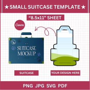 May include: A blue suitcase mockup with the text "SUITCASE MOCKUP" and a corresponding template. The image also includes the text "SMALL SUITCASE TEMPLATE", "8.5x11 SHEET", "SUITCASE", "YOUR DESIGN HERE", and file type options: PNG, JPG, SVG, PDF.