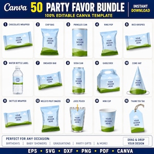 May include: A digital bundle of 50 party favor templates featuring a blue sky and green hill design. Items include wrappers, chip bags, a Pringles can, ring pop, rice krispies, water bottle label, sneaker bar, soda can, gable box, cone hat, and tags.