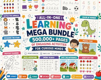50,000+ Kids Activity Bundle, Preschool Worksheets, Coloring Pages, Learning Games, Homeschool Printables, PLR Digital Download