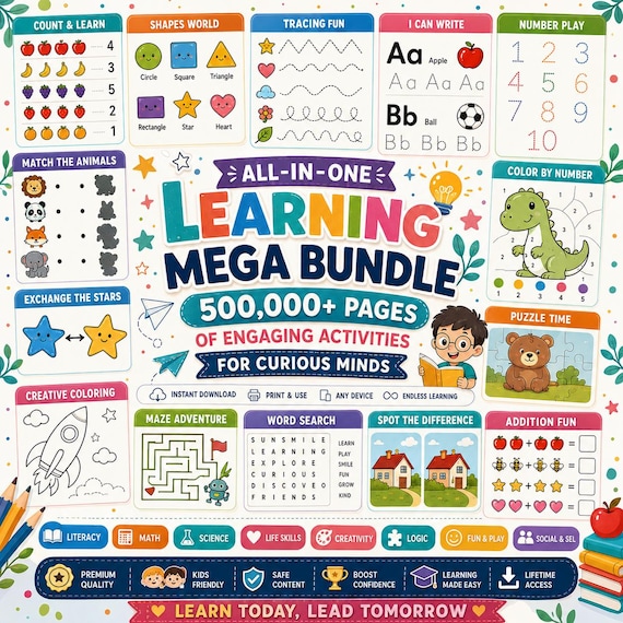 50,000+ Kids Activity Bundle, Preschool Worksheets, Learning Games (Digital Download)