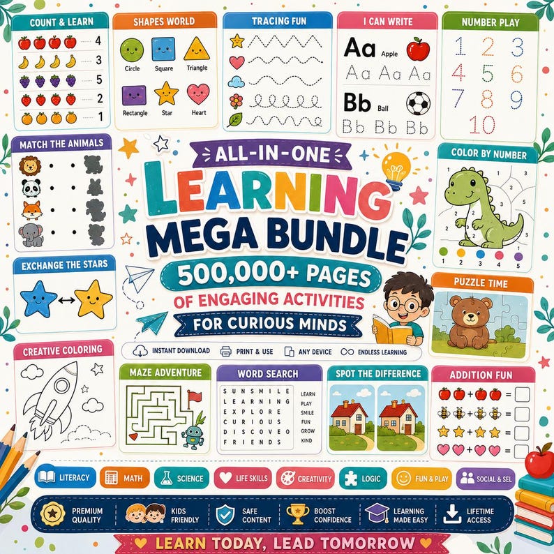 May include: An educational activity bundle featuring the text All-In-One Learning Mega Bundle 500,000+ Pages of Engaging Activities for Curious Minds. The layout includes sections for counting, shapes, tracing, writing, numbers, matching, coloring, mazes, and word searches.