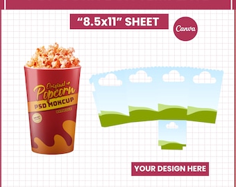 Popcorn Box Template SVG | Printable Snack Box Canva Editable | Party Favor Pop Corn Box Design | DIY Treat Box 8.5x11