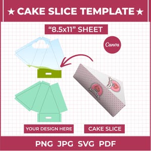 May include: A digital cake slice template for an 8.5x11 inch sheet, featuring a light blue and mint green flat layout, a folded cake slice box with a pink polka dot pattern and bakery logo, and text including CAKE SLICE TEMPLATE, Canva, and PNG JPG SVG PDF.