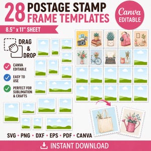 Frimärkesmallpaket, redigerbara stämpelramar i Canva, vintage poststämpel SVG, utskrivbar mall för skräpjournal