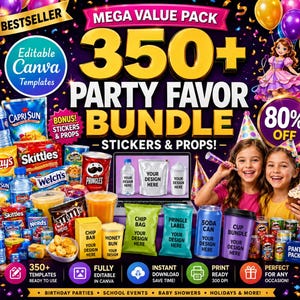 May include: A vibrant graphic promoting a party favor bundle with the text "350+ PARTY FAVOR BUNDLE - STICKERS & PROPS!" featuring snacks, drinks, and editable Canva templates. Includes an 80% off promotion and is perfect for any occasion.