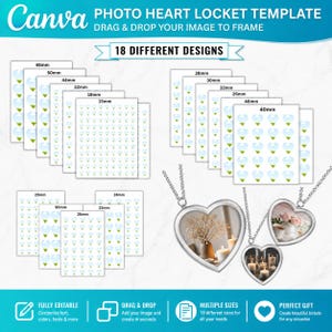 Puede incluir: Una plantilla de relicario de corazón para fotos de Canva con 18 diseños diferentes en tamaños que van desde 15mm a 50mm. La plantilla digital incluye funcionalidad de arrastrar y soltar para imágenes, junto a tres relicarios plateados.