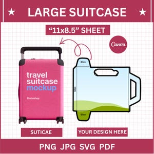 May include: A digital mockup template for a large suitcase on an 11x8.5 inch sheet. The image displays a pink suitcase with the text travel suitcase mockup and a flat, unfolded suitcase design layout with green accents and labeled glue tabs.