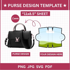 Può includere: Un modello di design per borsa su un foglio da 11x8,5 pollici con una borsa nera con chiusura a forma di V in oro rosa e un grafico del modello di borsa piatto e spiegato. Il testo include PURSE DESIGN TEMPLATE, Canva e PNG JPG SVG PDF.