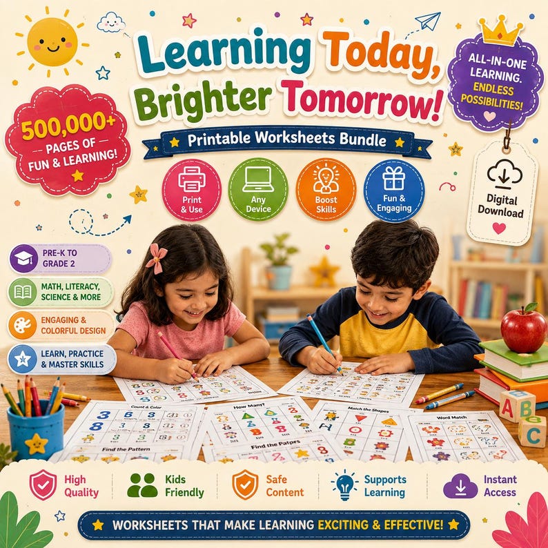 May include: A printable educational worksheet bundle featuring the text Learning Today, Brighter Tomorrow! and 500,000+ Pages of Fun & Learning! The graphic includes icons for printing, digital use, and skill building, alongside a digital download tag.