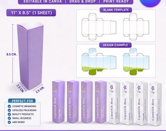 Lipstick Box Template Canva Editable, Lip Gloss Packaging Template SVG PNG, Cosmetic Box Design, Custom Makeup Packaging