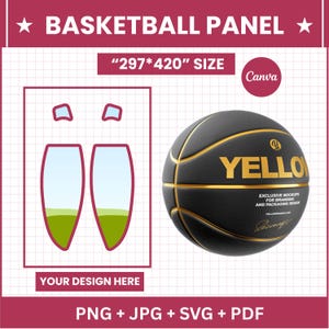 May include: A black basketball with gold accents and the word "YELLO" in gold. The image also includes a design template with the text "YOUR DESIGN HERE" and the words "BASKETBALL PANEL". The size is "297*420".