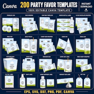 May include: A collection of 200 party favour templates for Canva, featuring various editable designs for items like Pringles cans, chip bags, water bottles, chocolate wrappers, juice pouches, candy bars, popcorn boxes, and gift tags with clouds.